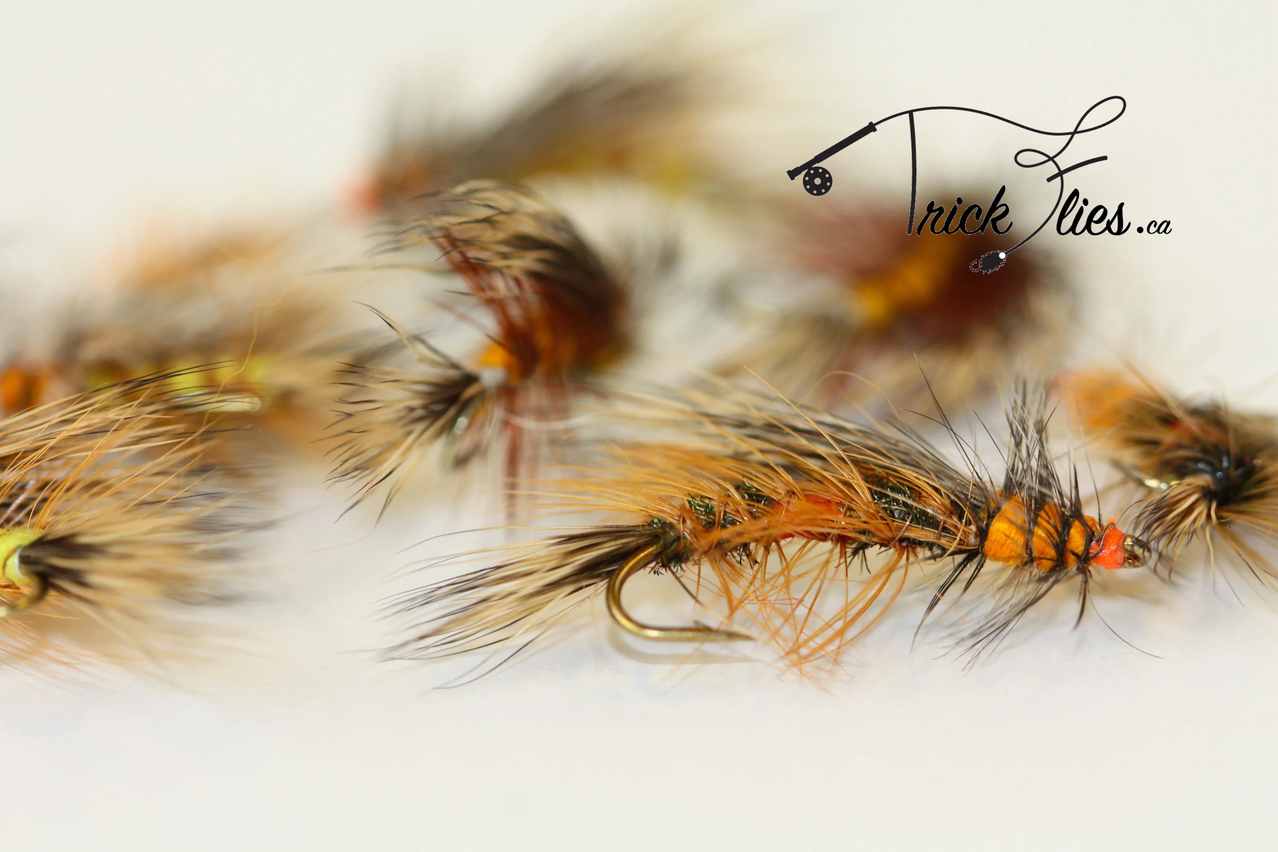Close-up of handmade brown and orange fishing flies on white background, Trick Flies logo present