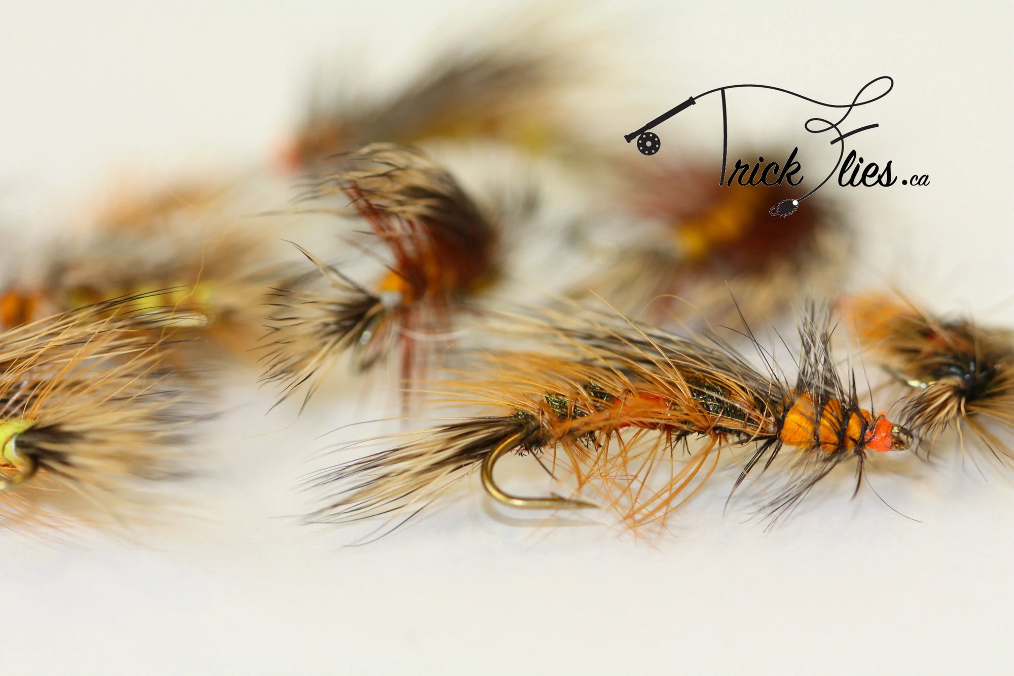 Close-up of handmade brown and orange fishing flies on white background, Trick Flies logo present