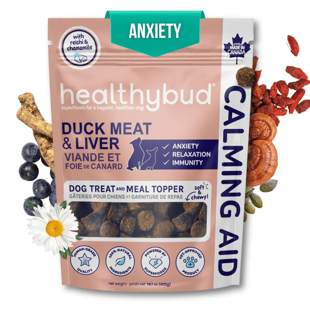 Healthybud duck meat and liver calming aid dog treat bag with natural ingredients and anxiety relief labels