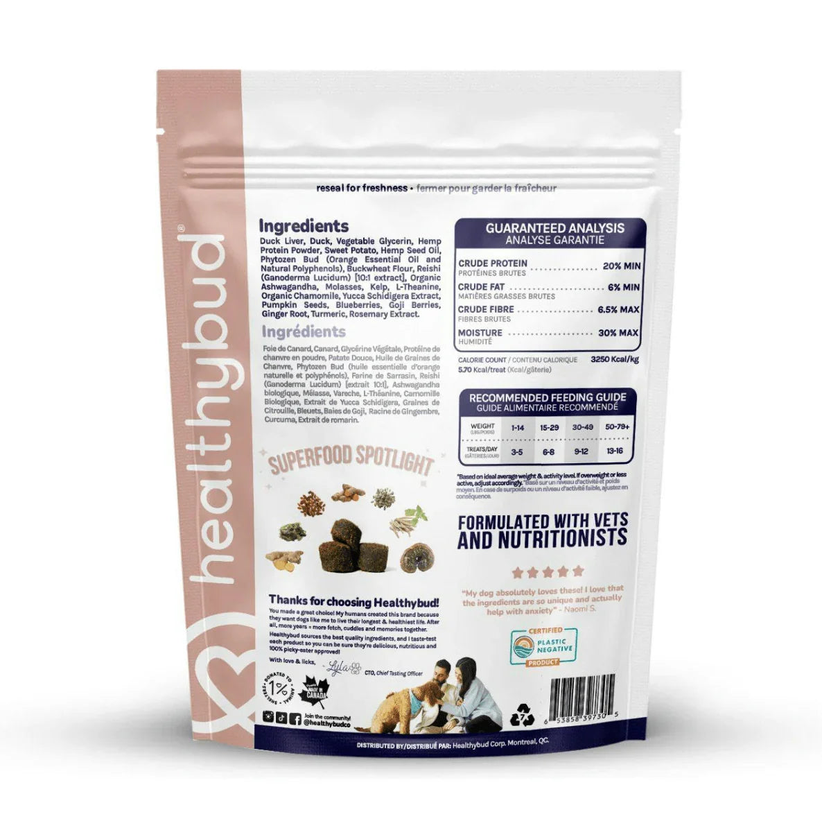 Healthybud duck calming dog aid resealable pouch with ingredients, feeding guide, and superfood images