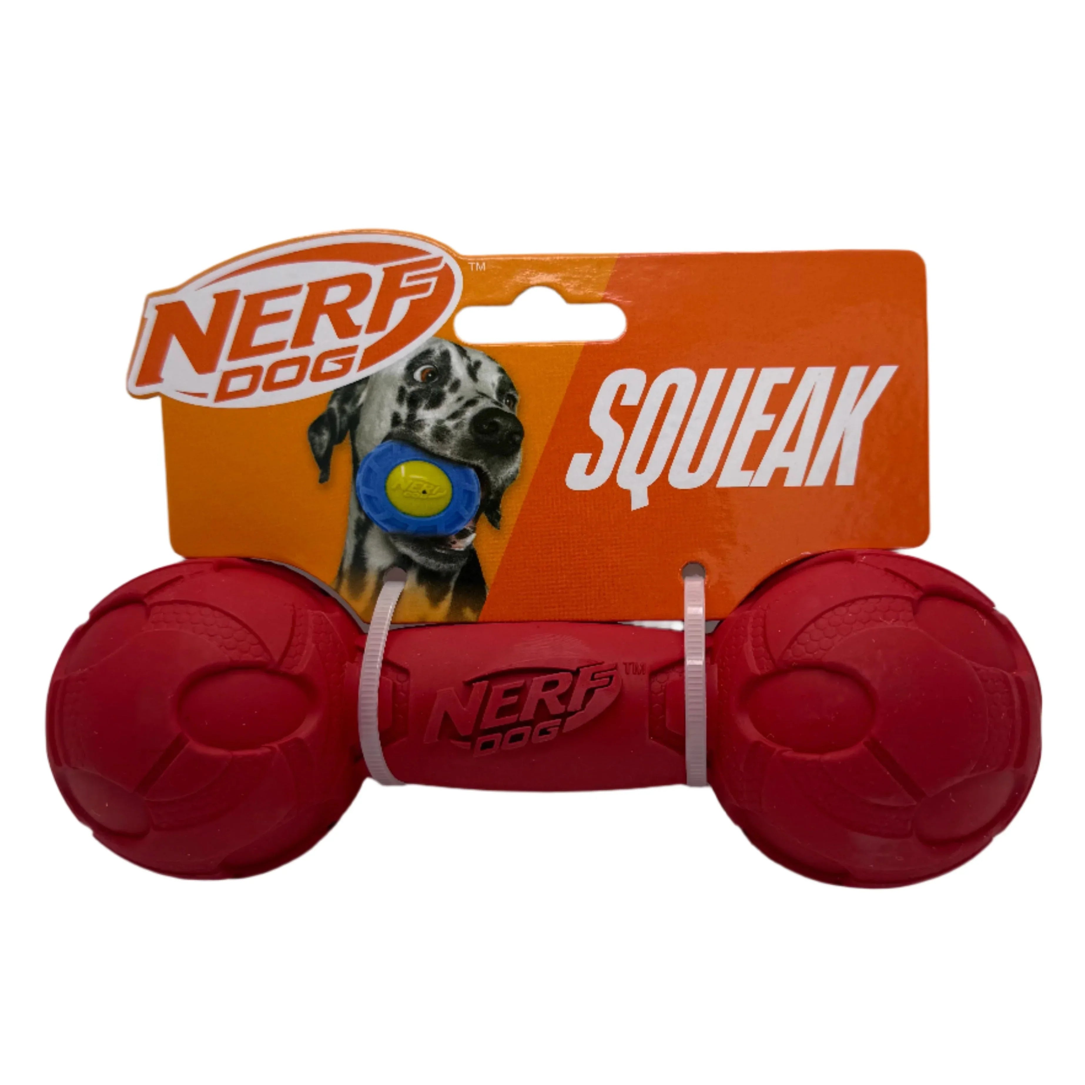 Red Nerf Dog squeak toy in packaging with orange label and a Dalmatian image
