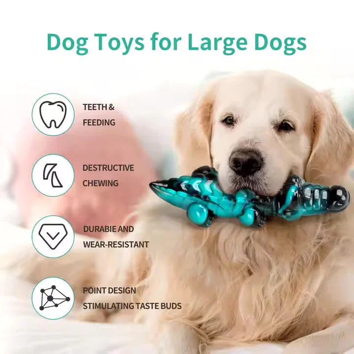 Large dog holding blue crocodile chew toy, dog toy benefits listed on left side.