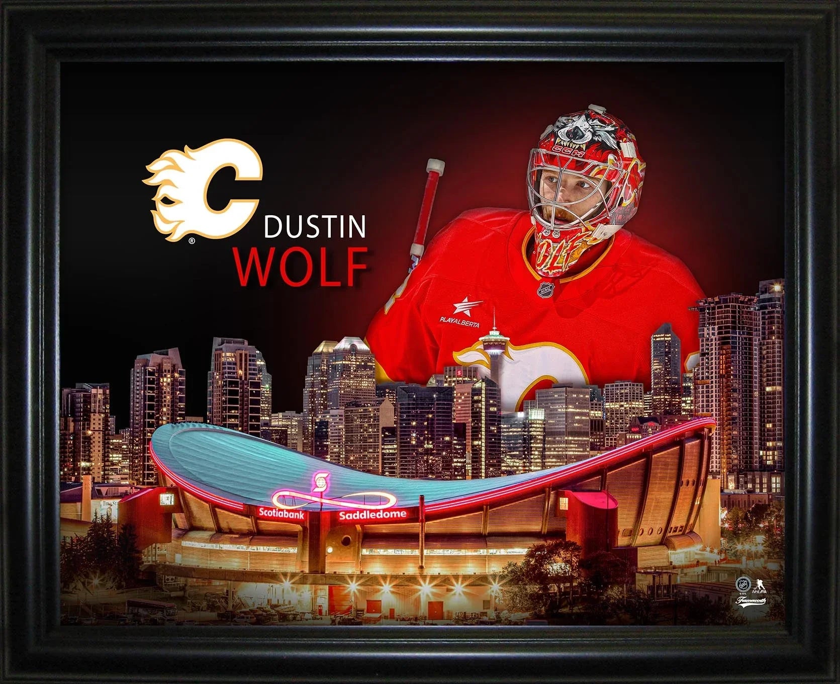 Calgary Flames goalie Dustin Wolf in red jersey, Scotiabank Saddledome, city skyline at night