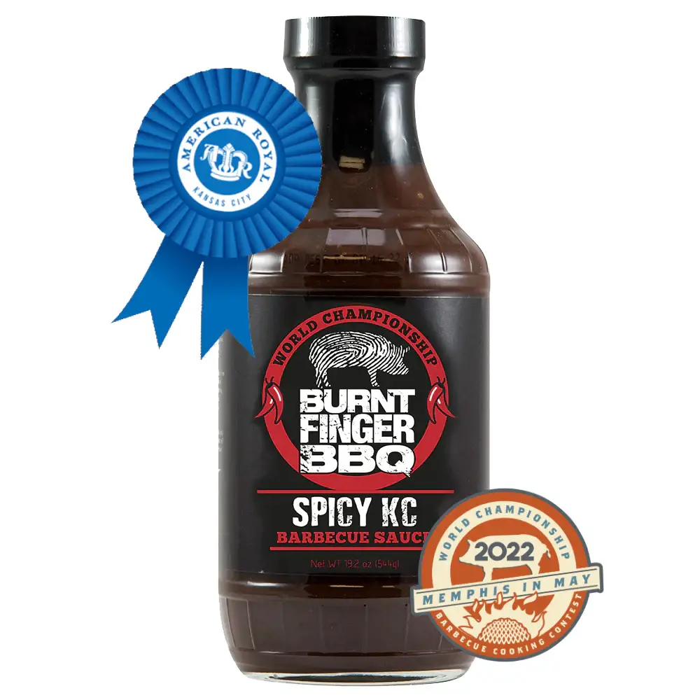 Burnt Finger BBQ Spicy KC Barbecue Sauce with smoky chipotle heat for ribs, brisket, pork, chicken and wings