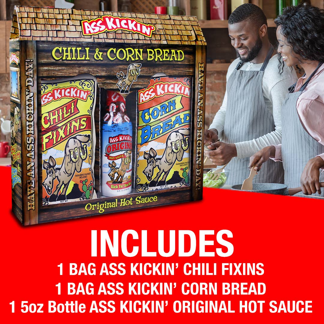 Ass Kickin' Chili Corn Bread Gift Set: 1 Bag Ass Kickin' Chili Fixins1 Bag Ass Kickin' Corn Bread1 5oz Bottle Ass Kickin' Original Hot Sauce