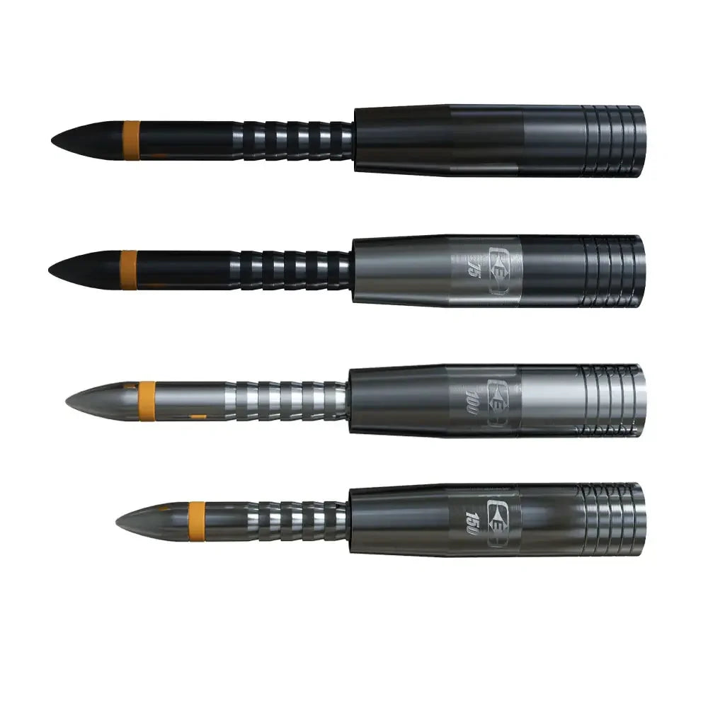 Four black and silver field tips for arrows lined up on a white background.