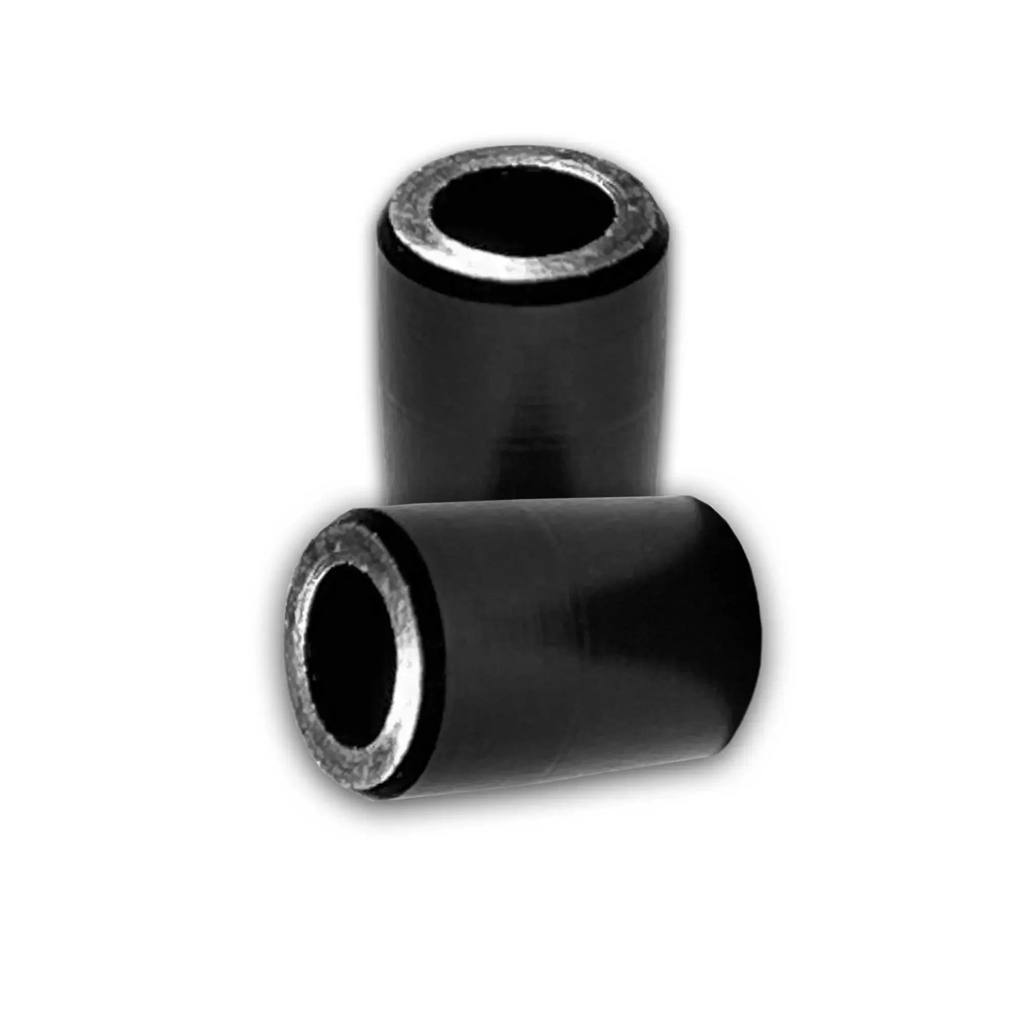 Two black 4mm nock collars for archery arrows on a white background