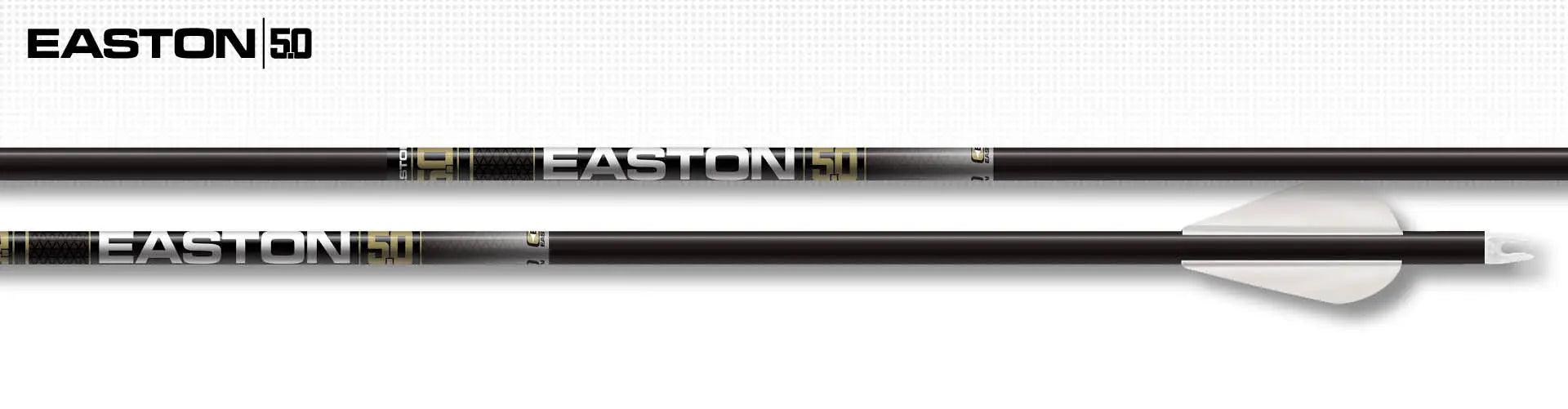 Easton 5.0 carbon arrow shaft with white fletching on white background