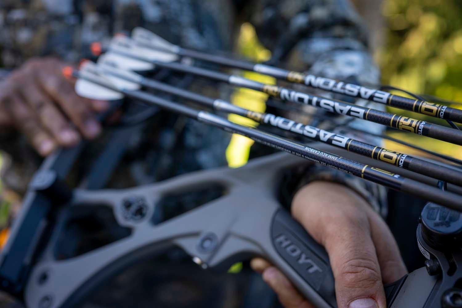 Close-up of Hoyt compound bow with Easton carbon arrows in an outdoor setting