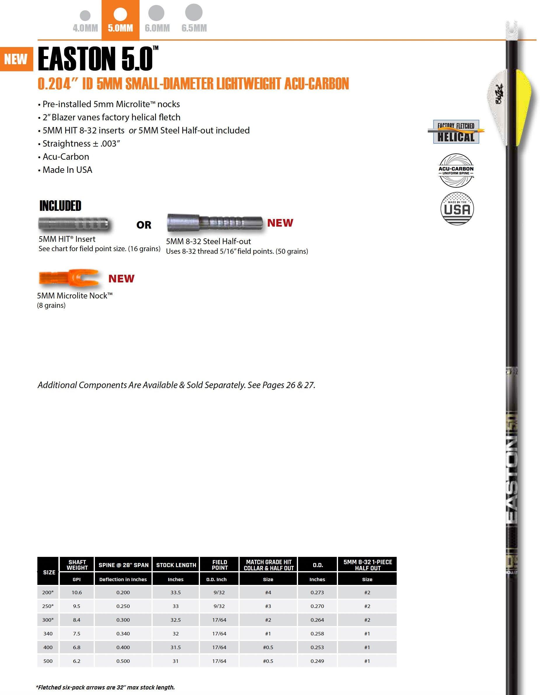 Easton 5.0 catalog page showing 5mm small-diameter lightweight acu-carbon arrow with features and component chart.