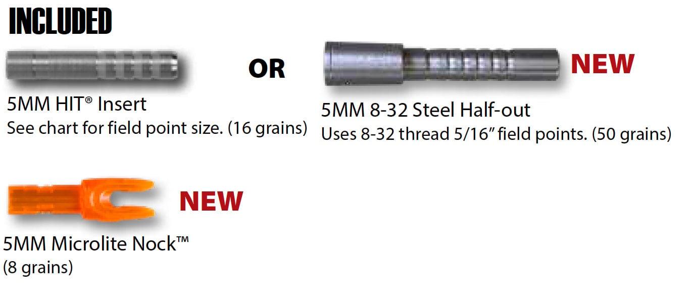 Easton 5MM HIT insert, 5MM 8-32 steel half-out, and Microlite nock arrow components