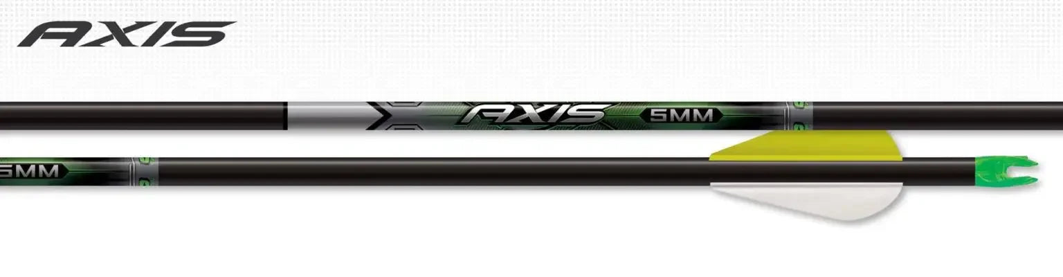 Easton Axis 5mm carbon arrow with green and yellow fletching on white background