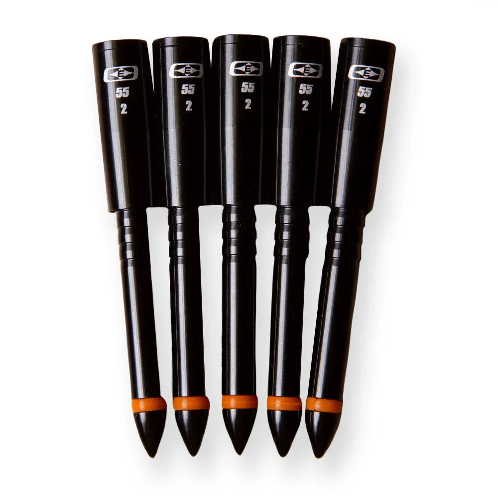 Five black 5mm match grade arrow half-outs with orange bands on white background