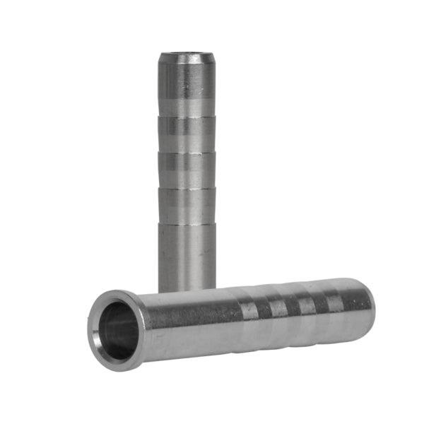 Easton Archery 6.5mm CB arrow inserts, silver metal, two shown on white background