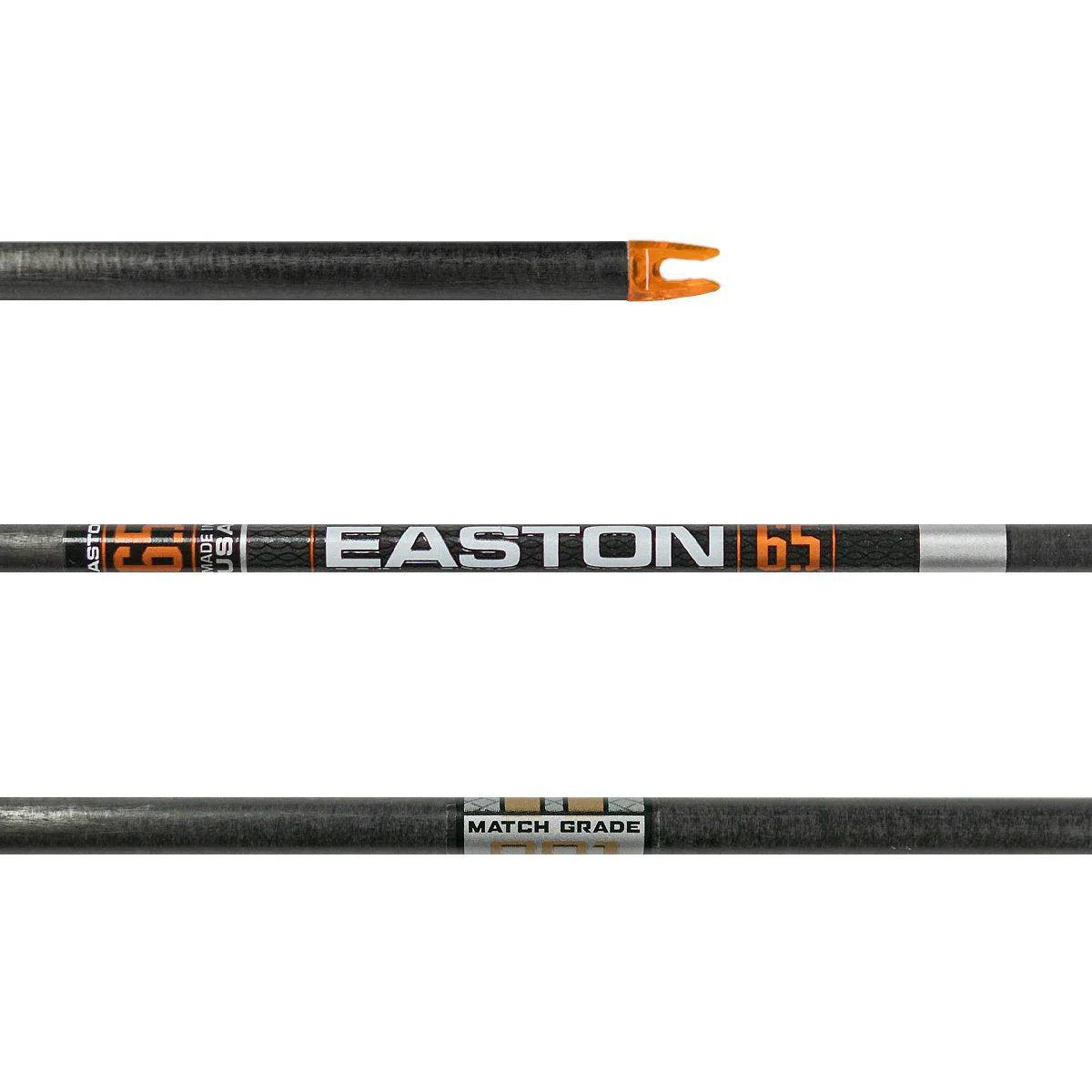 Easton 6.5mm Match Grade carbon arrow shaft with orange nock and branding
