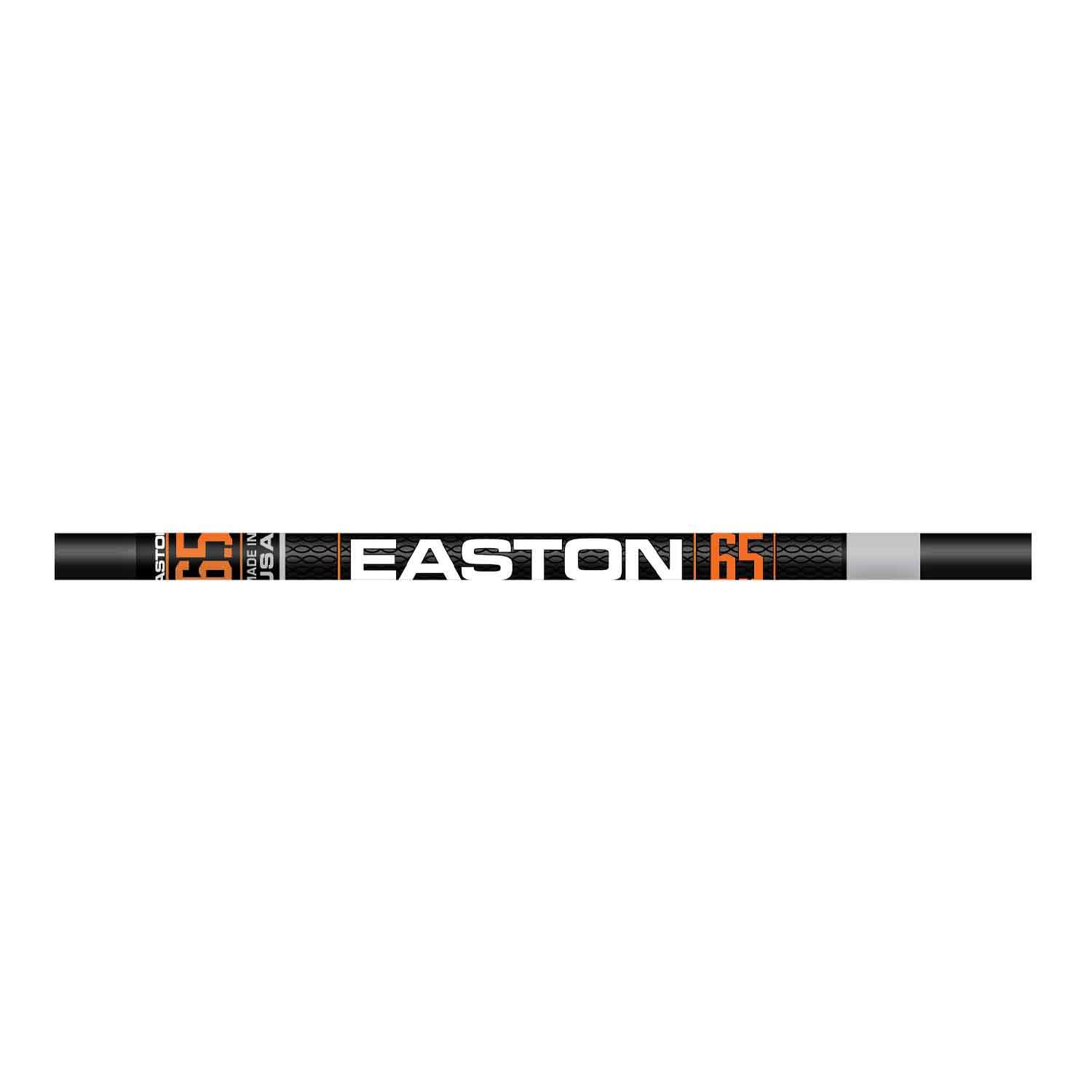 Easton 6.5 carbon arrow shaft with black, white, and orange graphics on white background