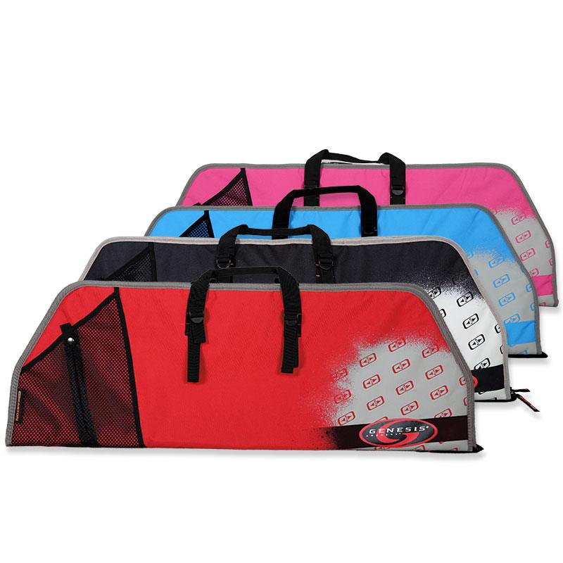 Genesis bow cases in red, black, blue, and pink, with handles and mesh pockets.