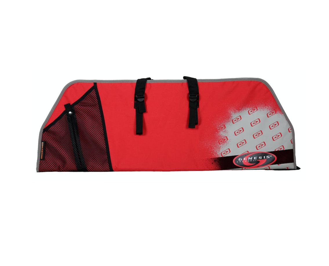 Genesis 4014 red bow case with mesh pocket and logo on gray and red fabric