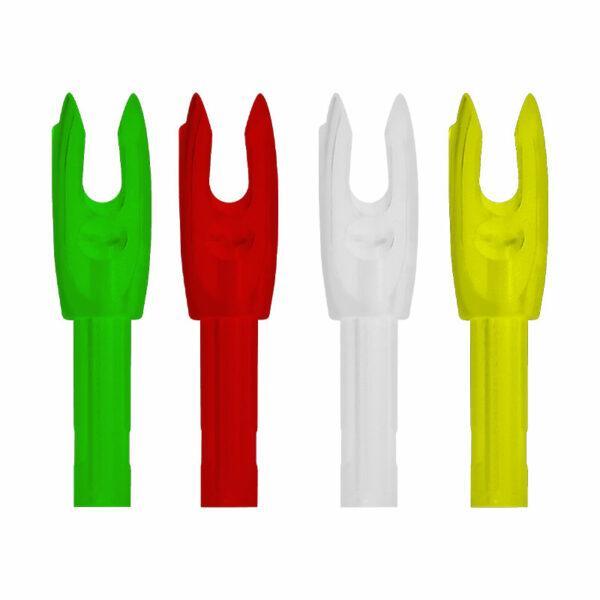 Four Easton archery nocks in green, red, white, and yellow on a white background