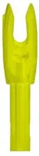 Bright yellow arrow nock for archery, plastic, close-up on white background
