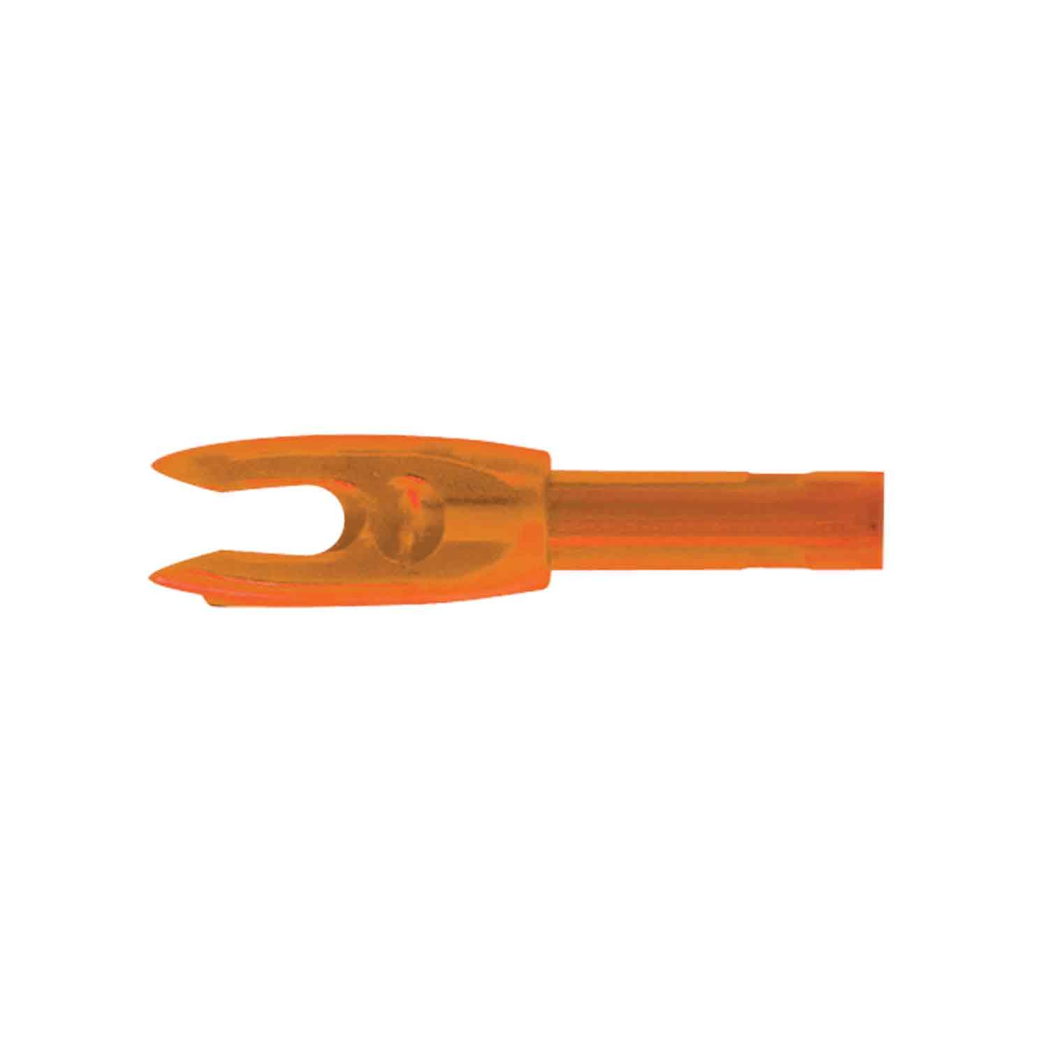 Translucent orange plastic arrow nock for archery on white background