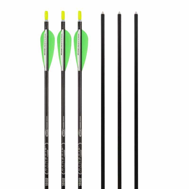 Six Easton Archery XX75 Genesis arrows, three with green vanes and yellow nocks, on white background