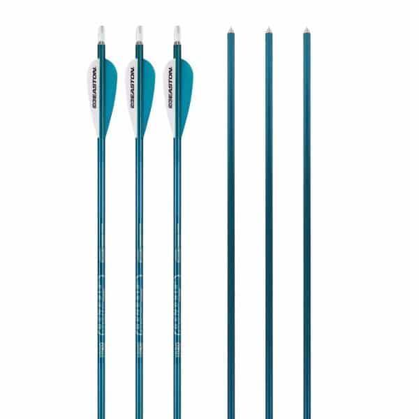 Set of teal archery arrows with white and teal fletching on a white background