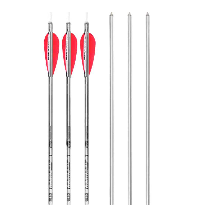 Silver arrows with red fletching and three plain shafts on white background