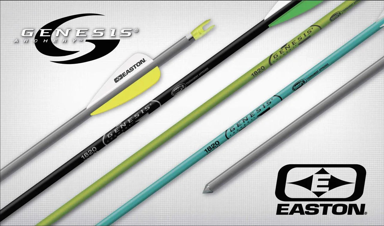 Genesis Archery Easton arrows, 1820 tournament approved, multicolored shafts on grid background
