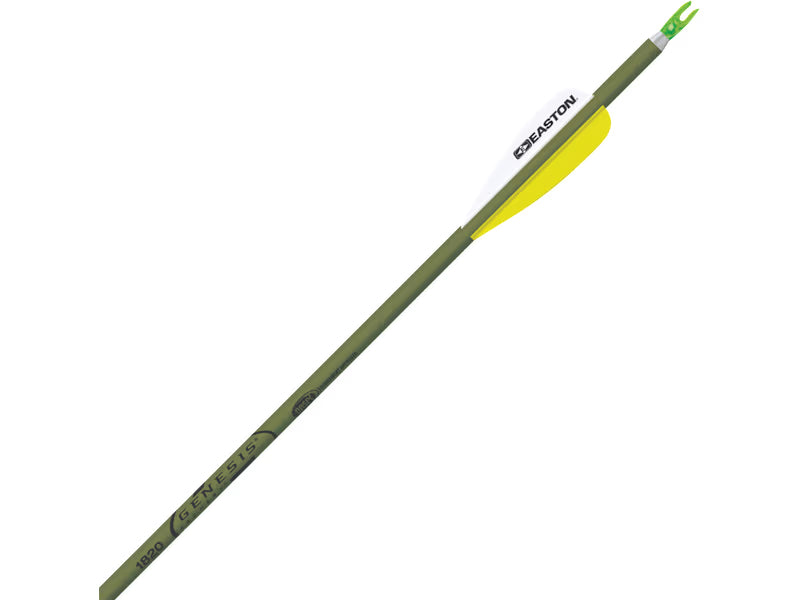 Green Easton Genesis 1820 archery arrow with yellow and white fletching on white background