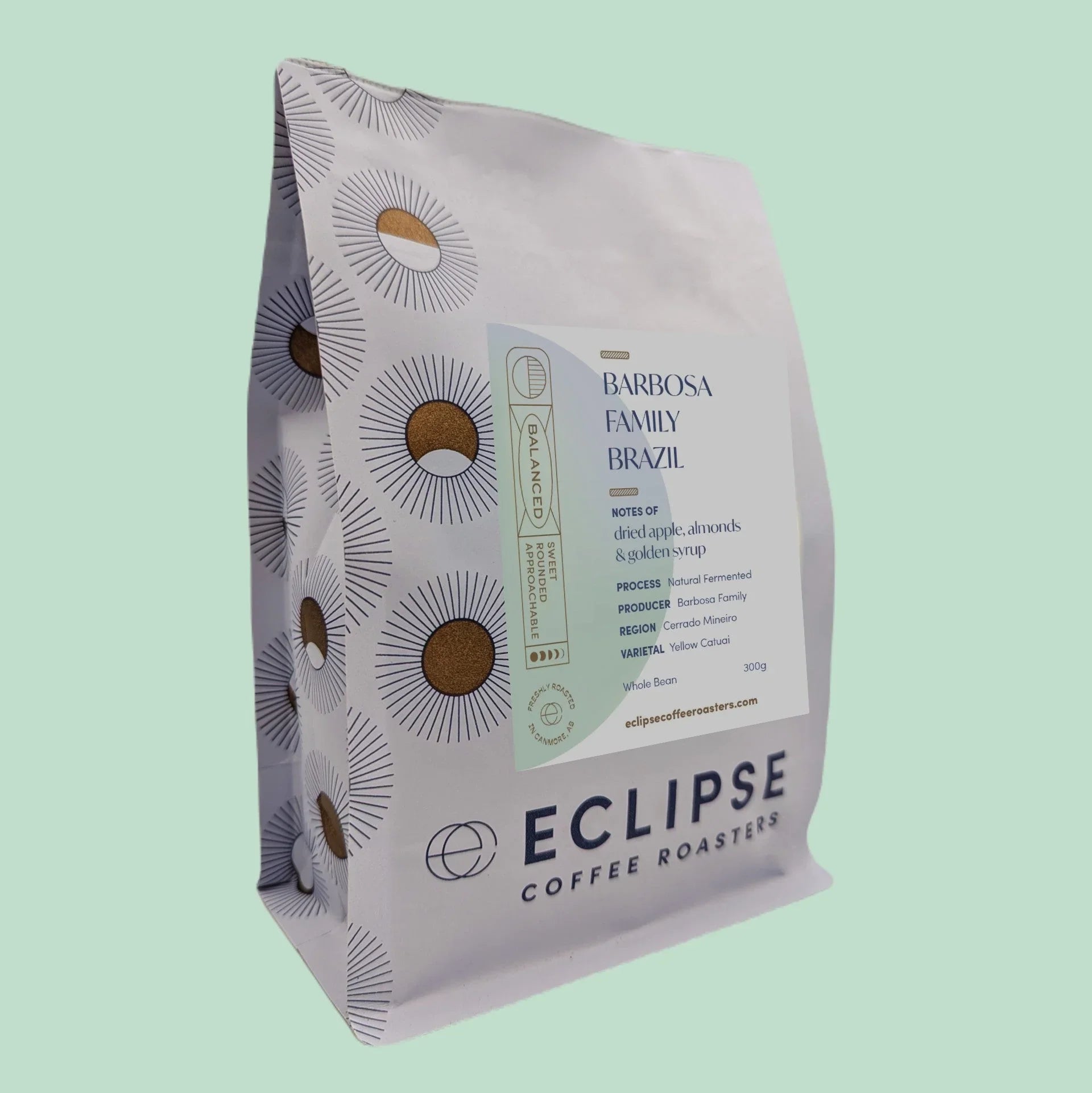 Barbosa Family Brazil Eclipse Coffee Roasters 300g bag with patterned packaging