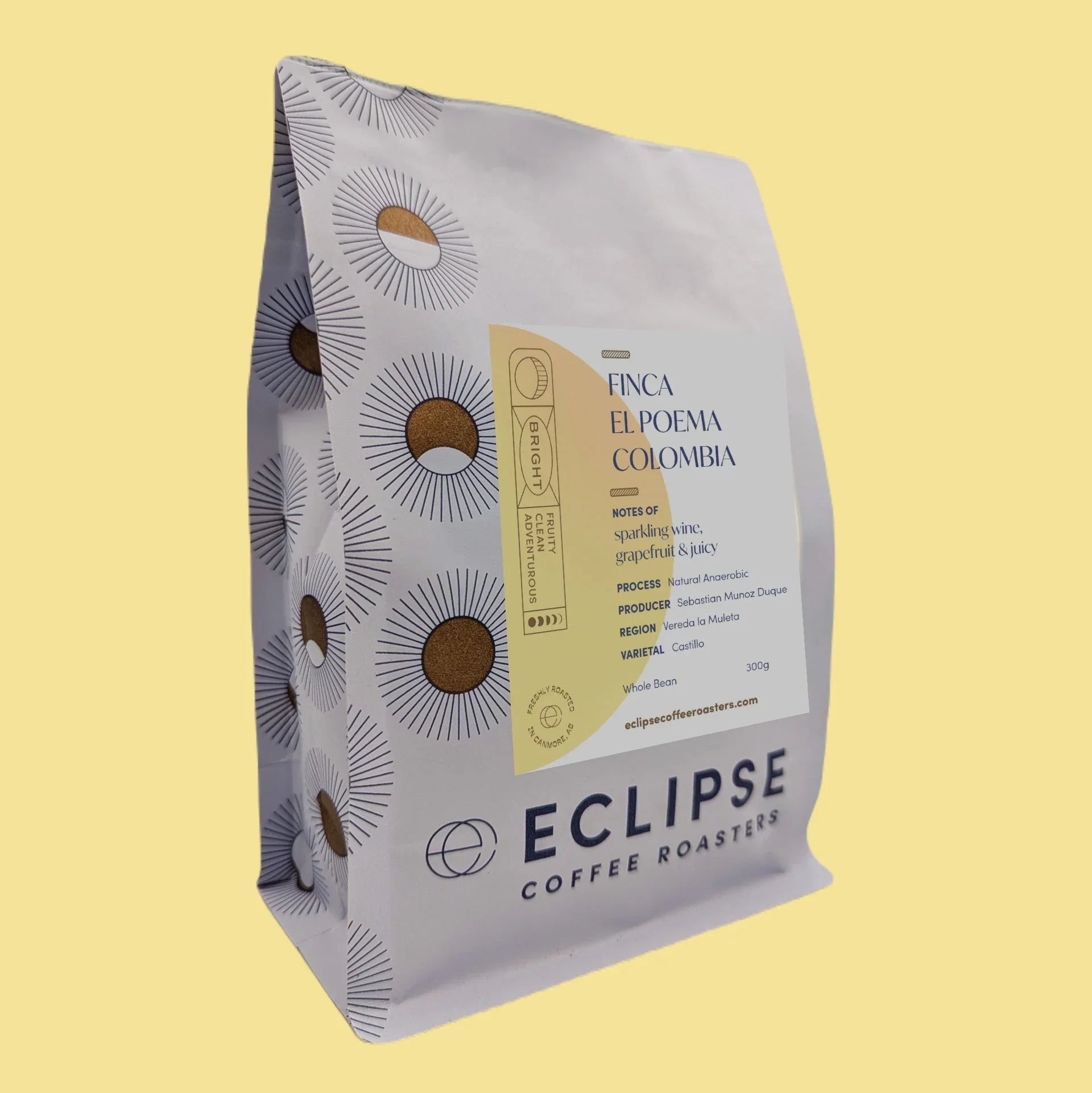 Eclipse Coffee Roasters Finca El Poema Colombia 300g whole bean coffee bag with patterned design