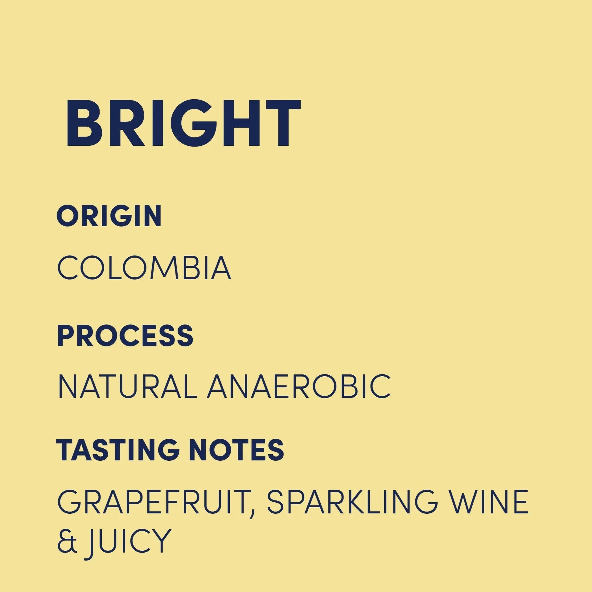 Bright Colombia coffee details on yellow background: natural anaerobic process, grapefruit, juicy notes.