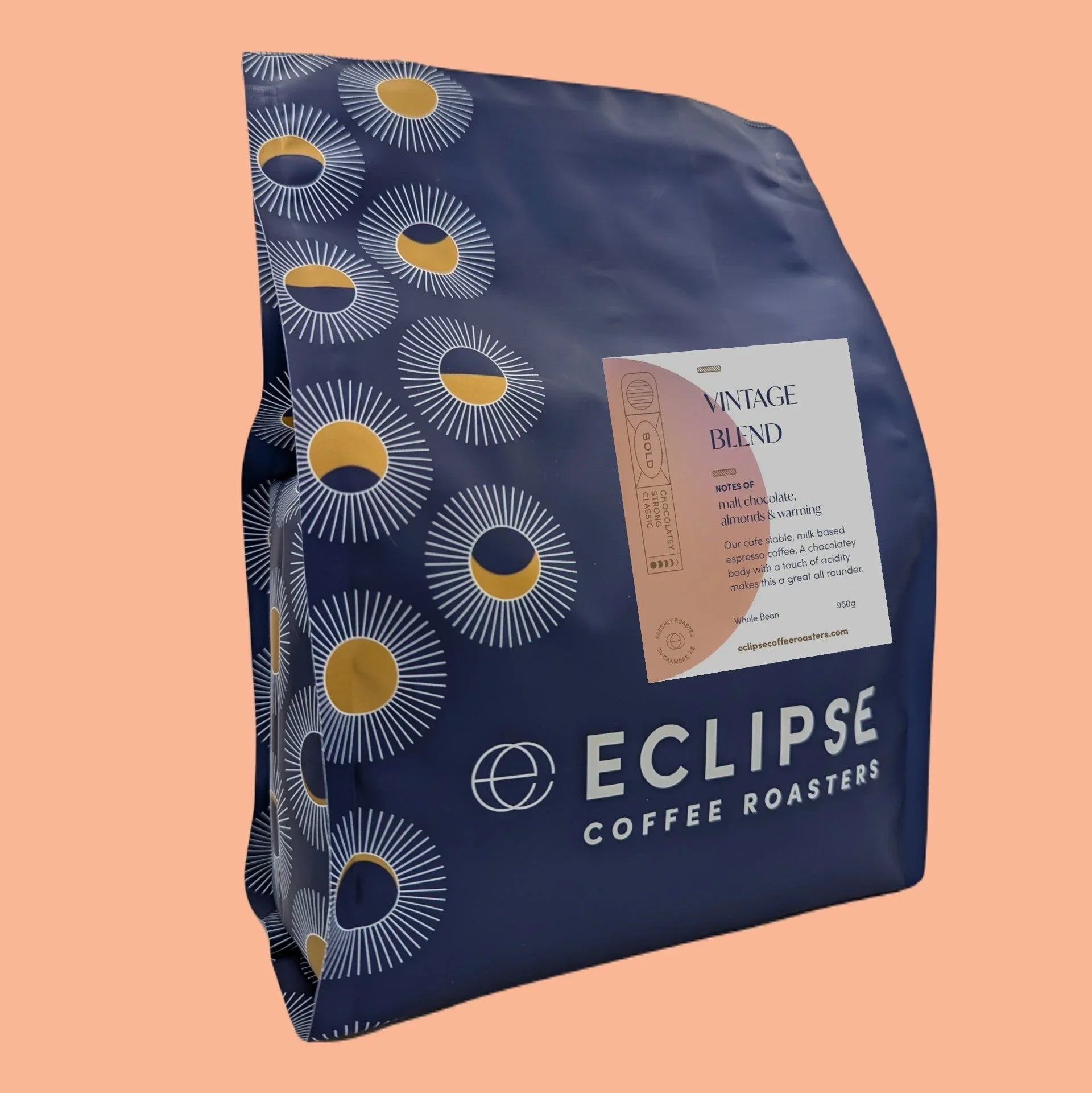 Eclipse Coffee Roasters Vintage Blend 950g bag with blue and yellow sunburst pattern