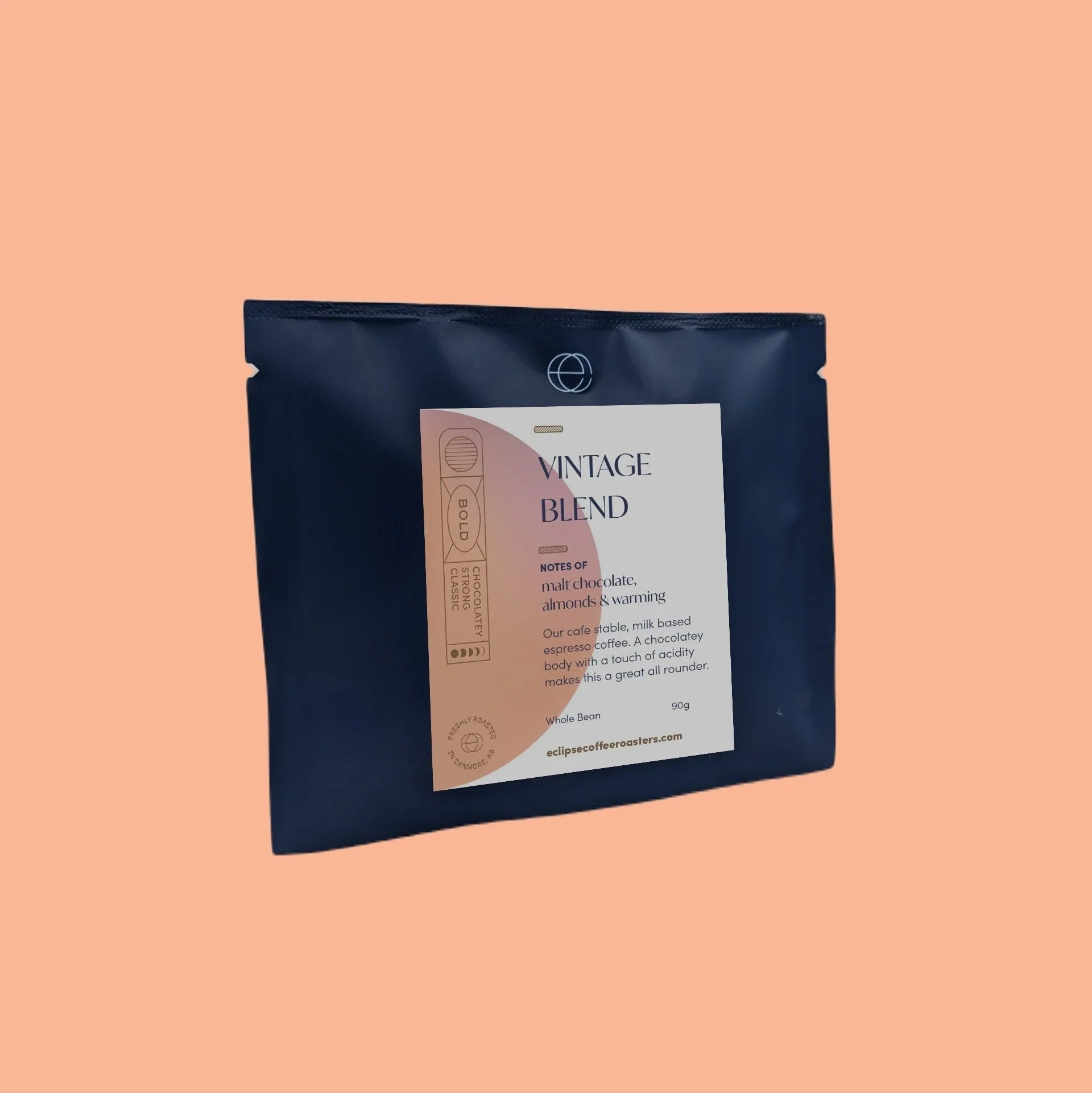 Vintage Blend coffee beans 90g pouch with label on peach background