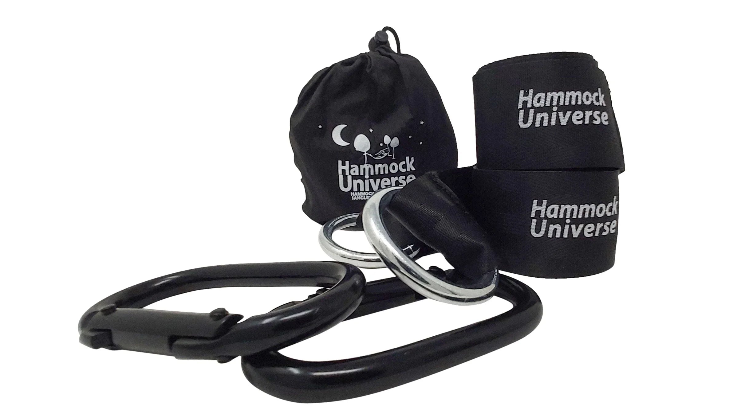 Eco-friendly hammock tree straps kit with carabiners, rings, and Hammock Universe bag