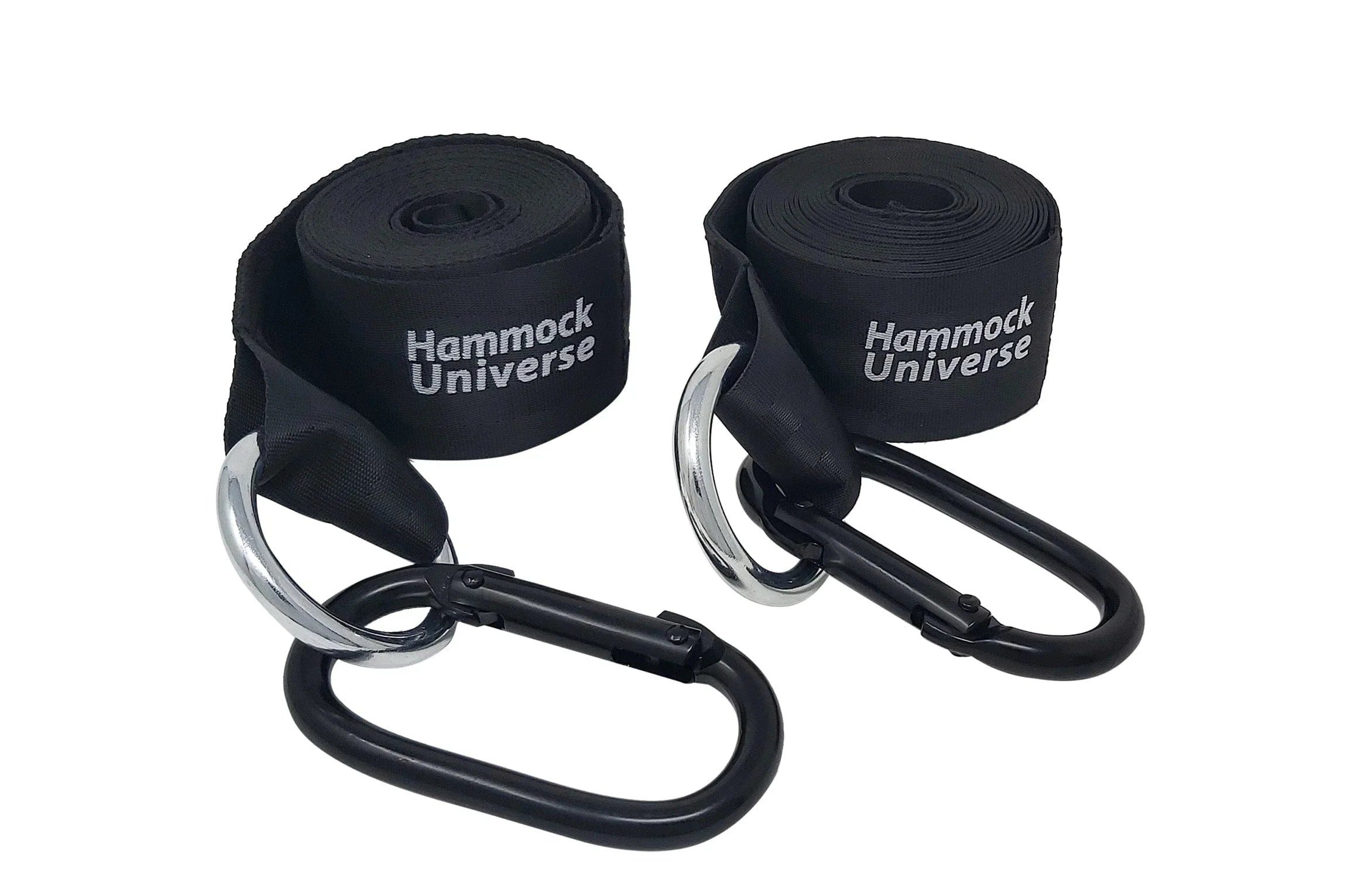 Eco-friendly black hammock tree straps with carabiners, branded Hammock Universe
