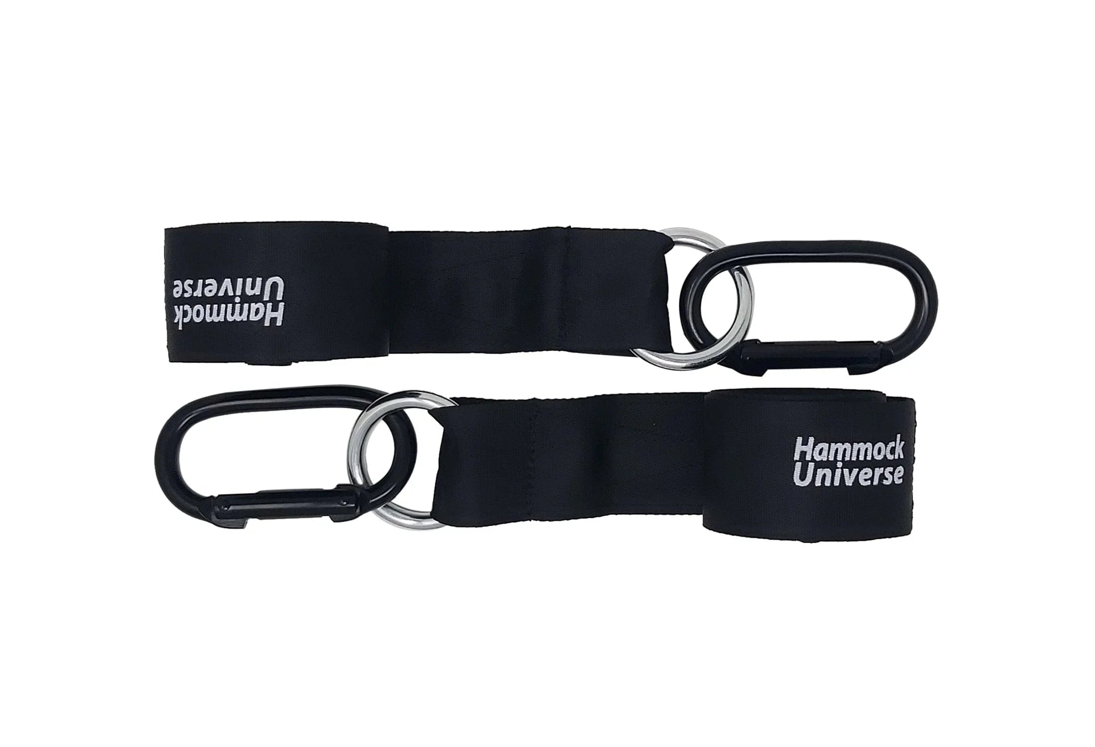 Eco-friendly black tree straps with metal carabiners, Hammock Universe logo, white background