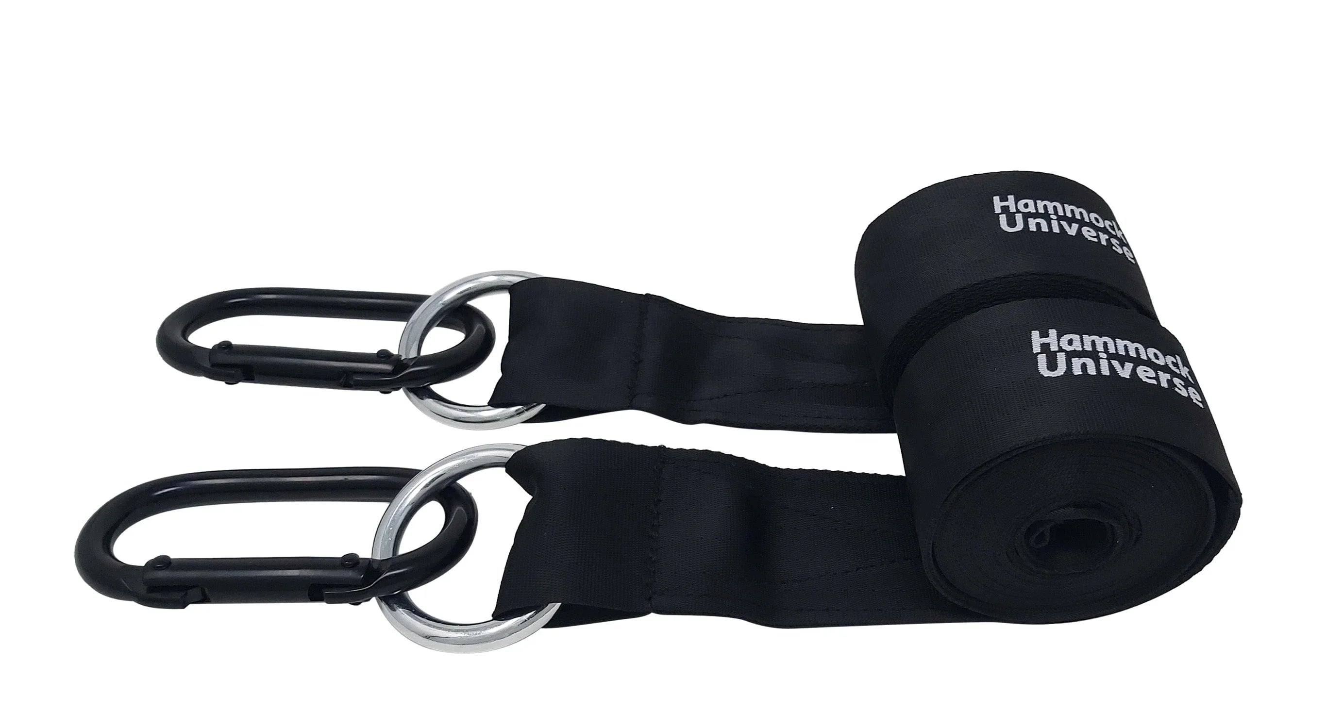 Eco-friendly black hammock tree straps with metal rings and carabiners, Hammock Universe logo