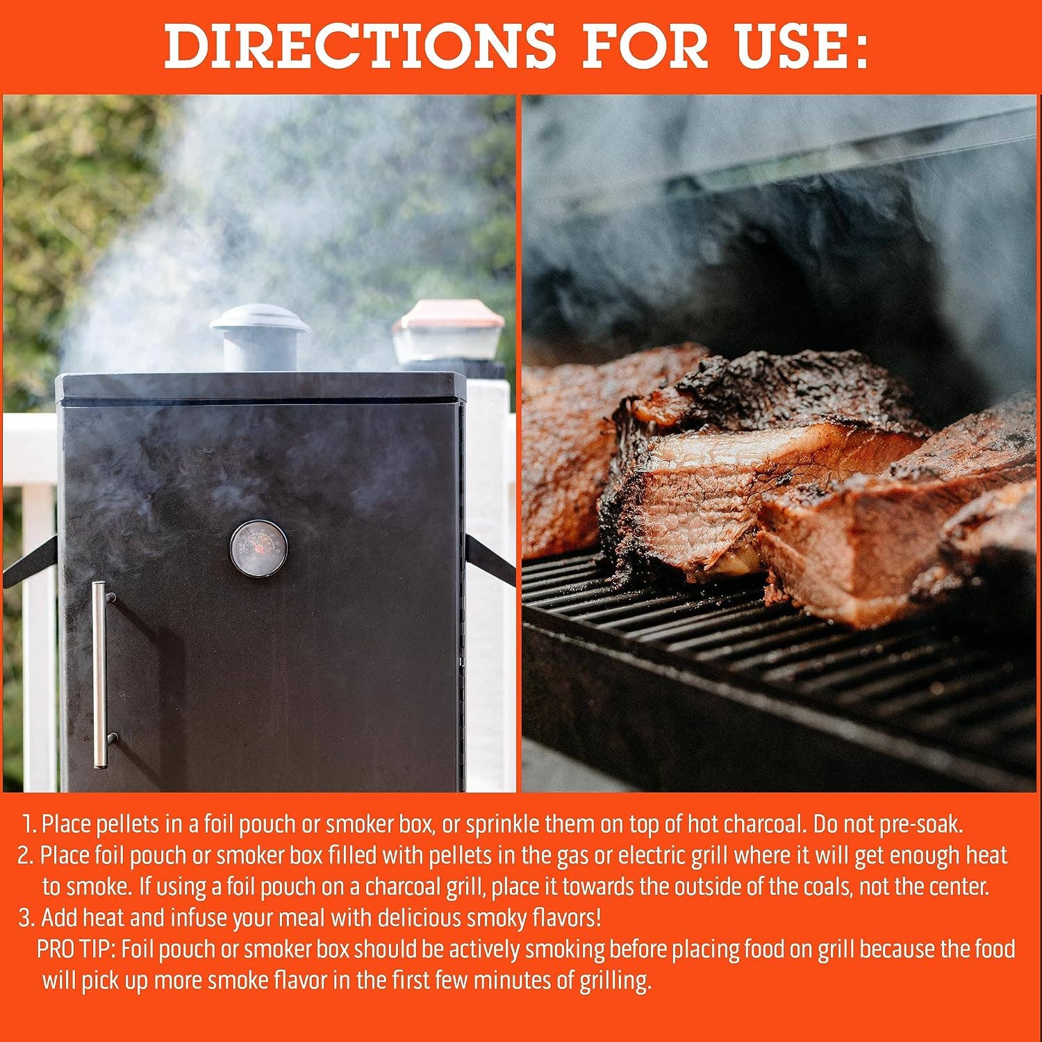 Smoker box on a grill with smoking meat, surrounded by text on directions for use.