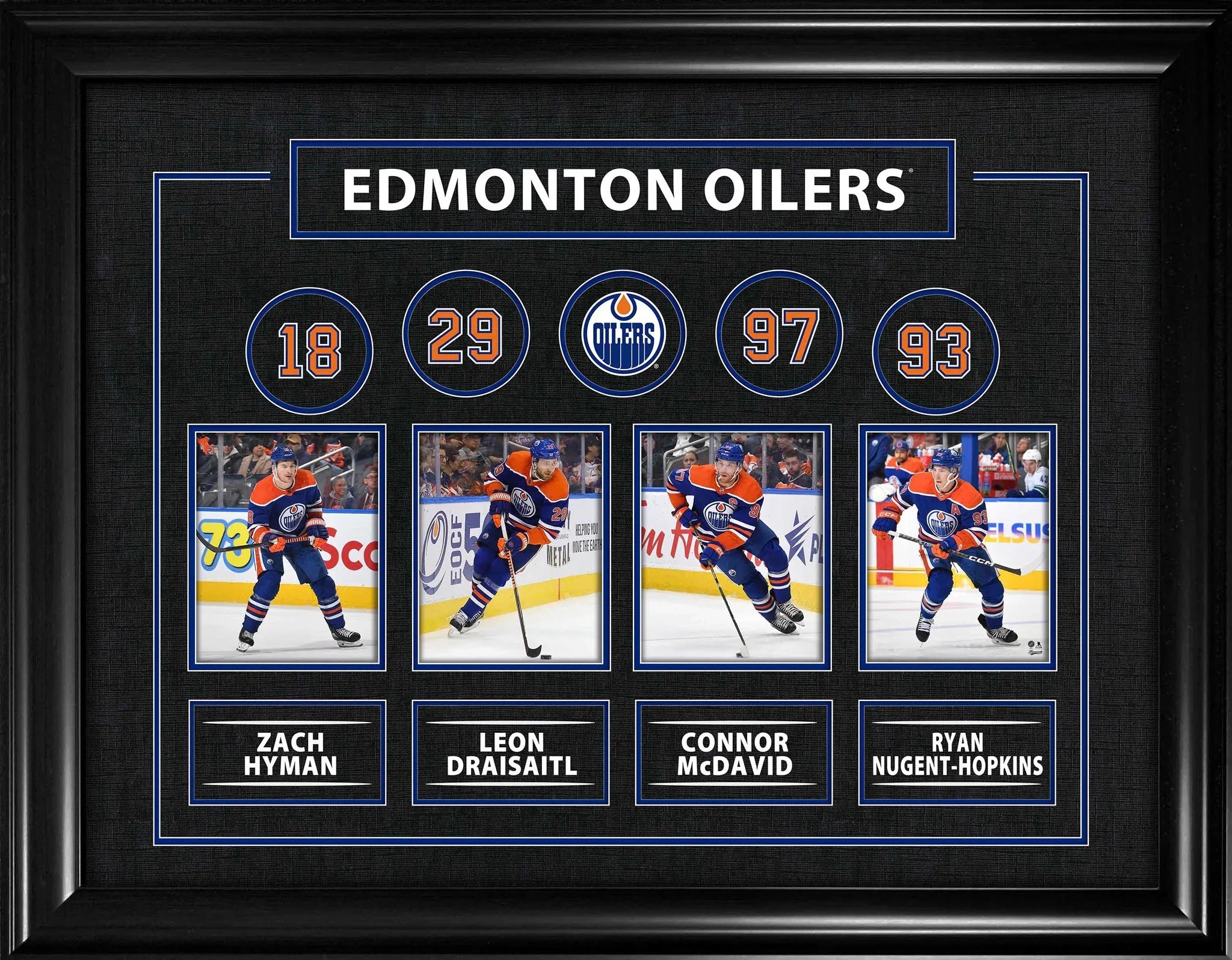 Framed Edmonton Oilers collage featuring four hockey players in uniform with player names and numbers.