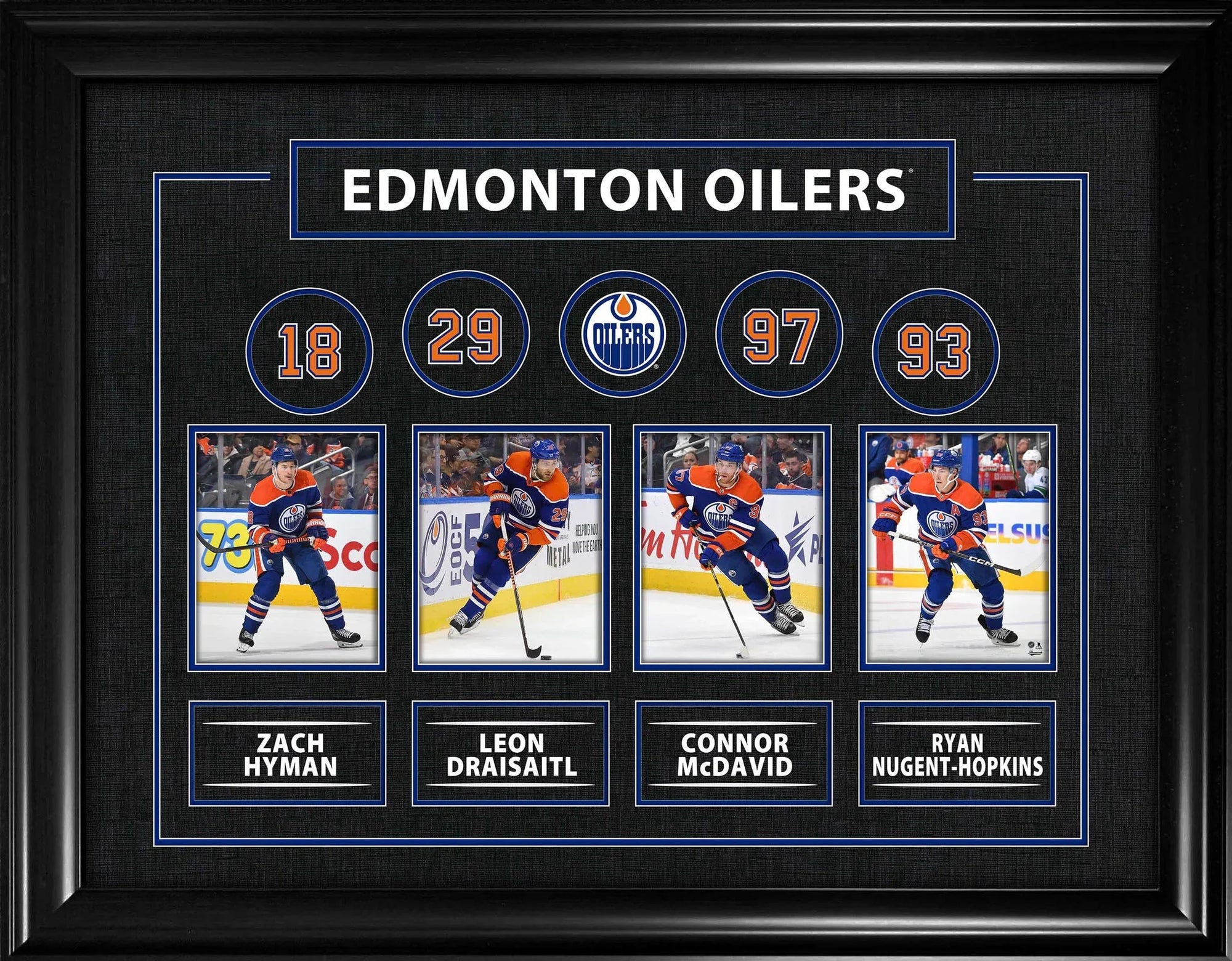 Framed Edmonton Oilers collage featuring four hockey players in uniform with player names and numbers.