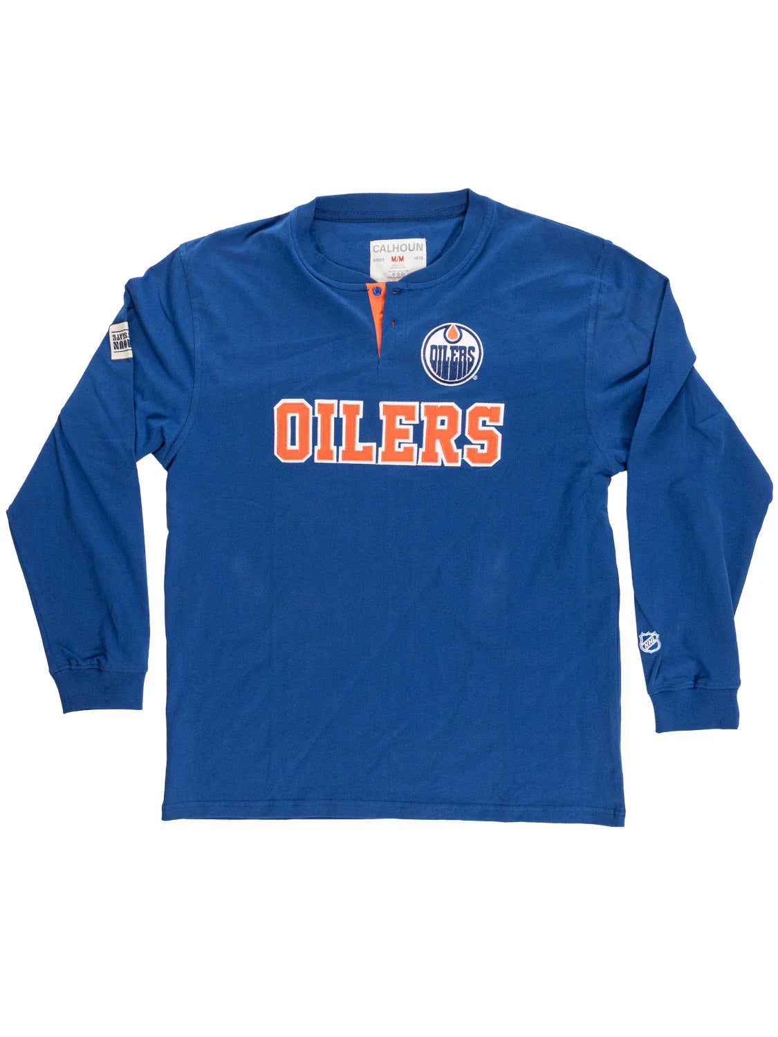Blue Edmonton Oilers long sleeve henley shirt with logo and team name on front