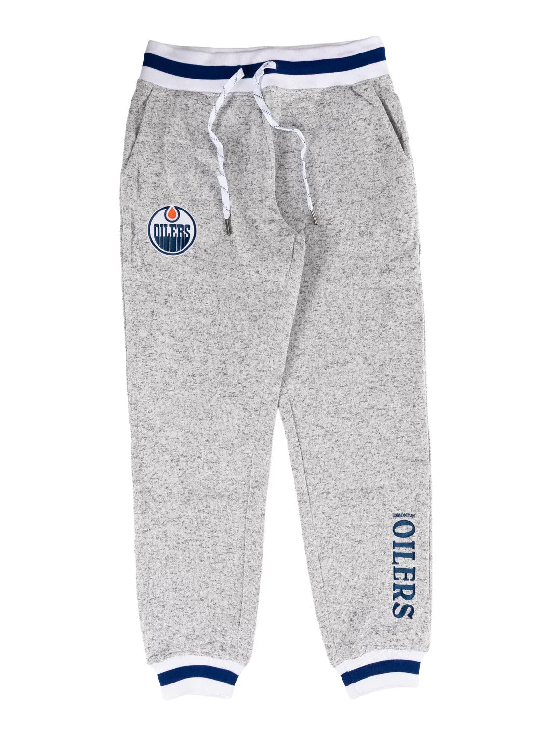 Grey Edmonton Oilers sweatpants with logo and blue accents on waistband and cuffs