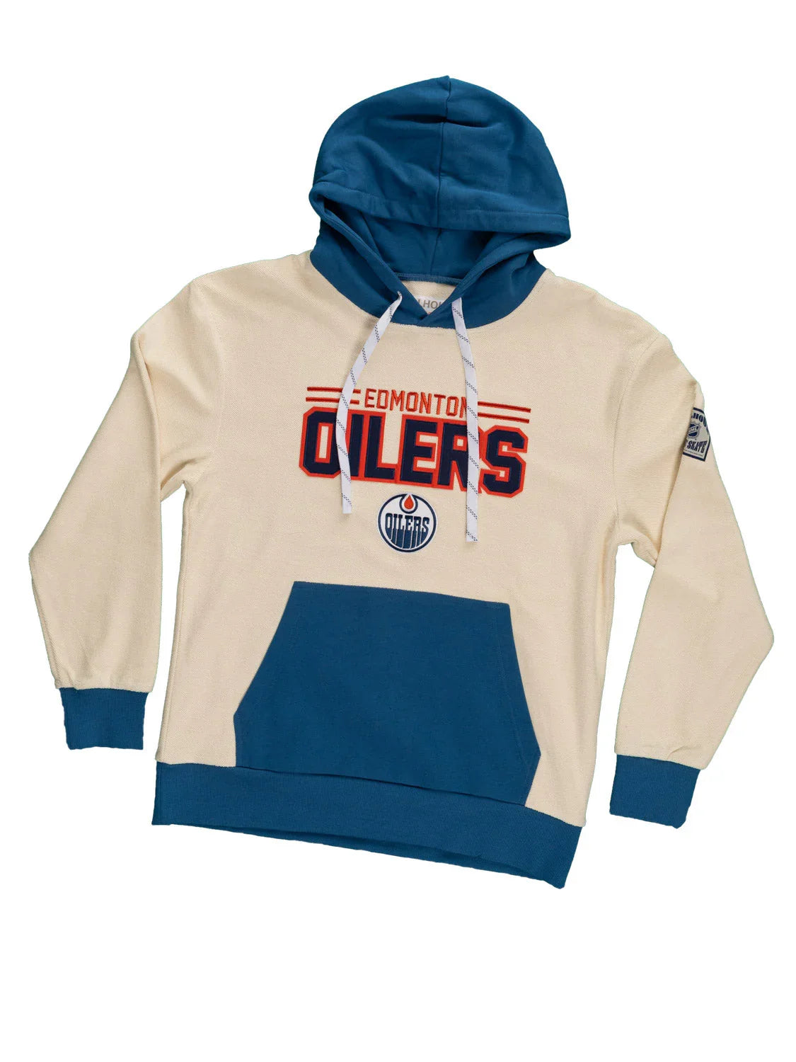 Edmonton Oilers cream and blue hockey hoodie with logo and kangaroo pocket