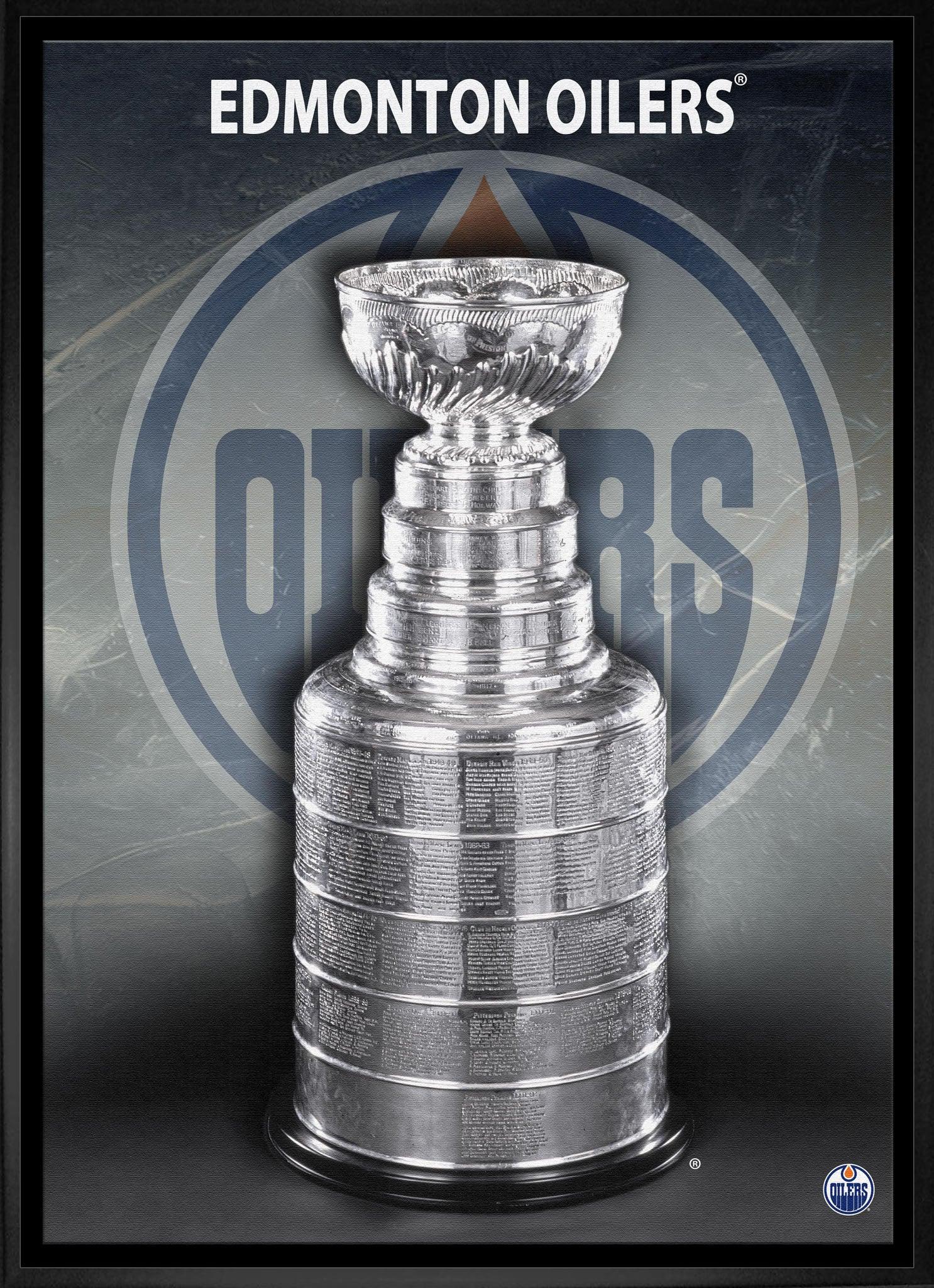 Stanley Cup trophy with Edmonton Oilers logo and text in the background