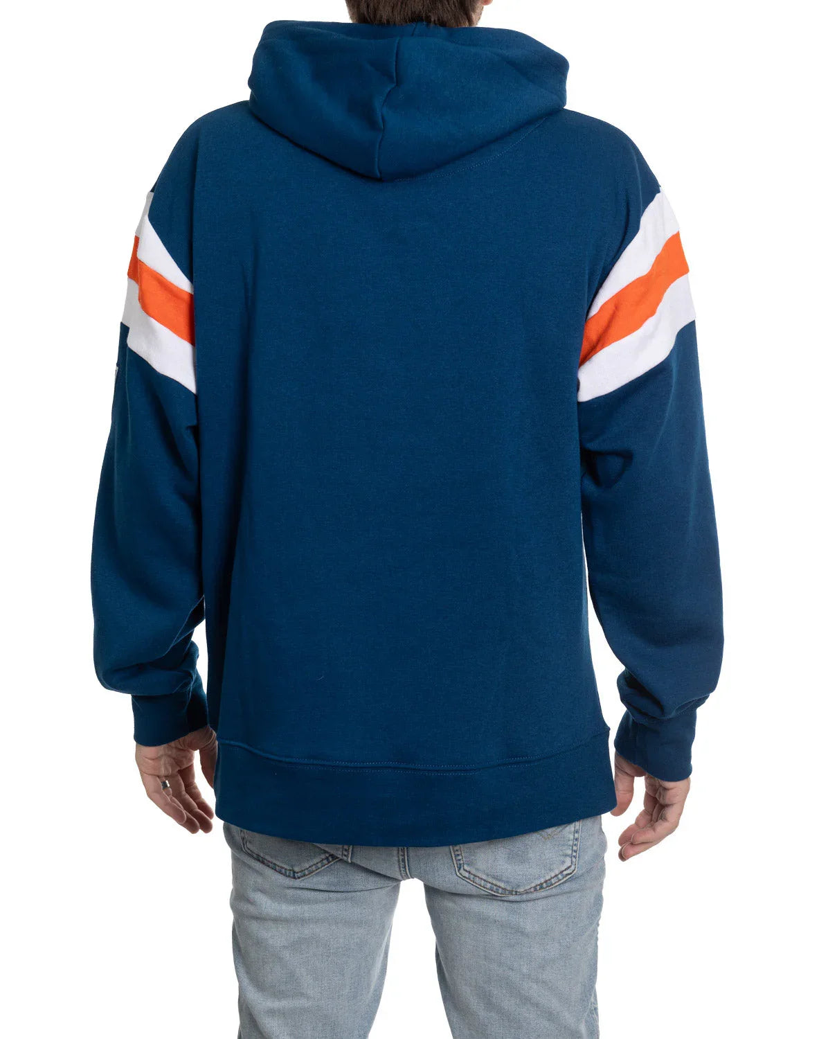 Back view of person wearing blue Oilers varsity hoodie with orange and white sleeve stripes