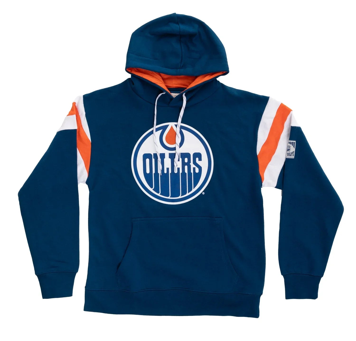 Blue Edmonton Oilers hoodie with large front logo, orange and white sleeve stripes