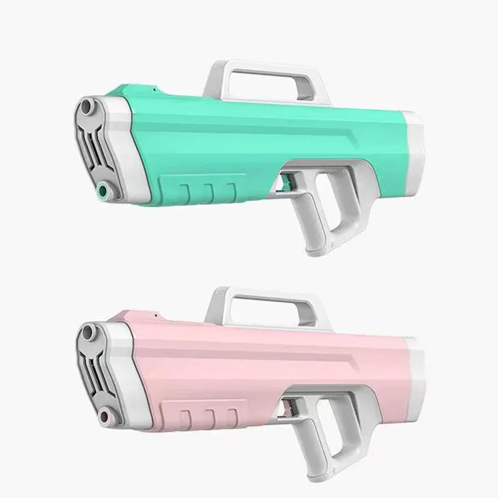 Two colorful plastic water guns in teal and pink on a white background