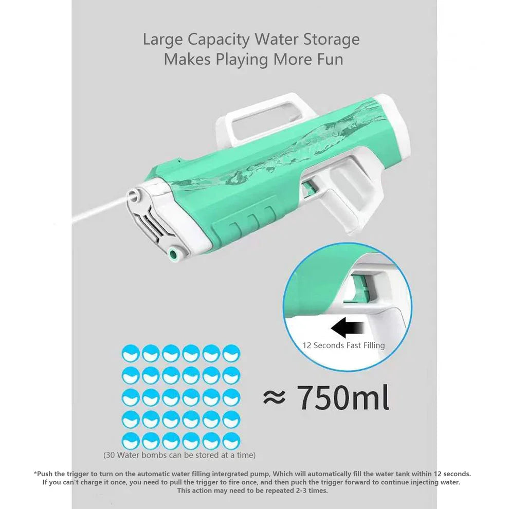 Green and white water gun with large capacity 750ml tank, fast 12-second filling feature.